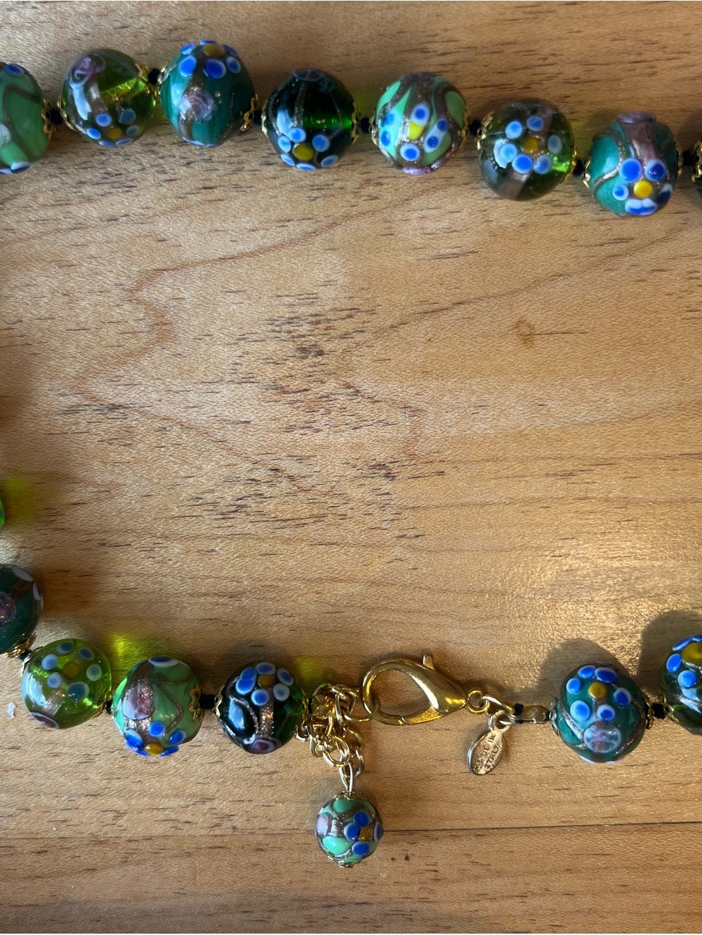 Handmade Lampwork Glass Floral Bead Necklace Green Blue Pink Gold made in Italy